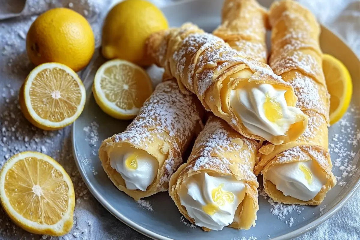 Lemon Meringue Pie Cannoli: The No-Fry Recipe (That Stays Crispy) Lemon Meringue Pie Cannoli Golden baked cannoli shells filled with a fluffy lemon meringue cream and dusted with powdered sugar, surrounded by fresh lemons, showcasing this Lemon Meringue Pie Cannoli recipe.