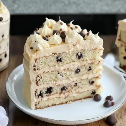 The Ultimate Cannoli Cake with Chocolate Chips (Better Than The Bakery) Cannoli Cake with Chocolate Chips A slice of creamy cannoli cake with chocolate chips, layered with ricotta–mascarpone filling and topped with swirls of whipped frosting on a rustic wooden table.
