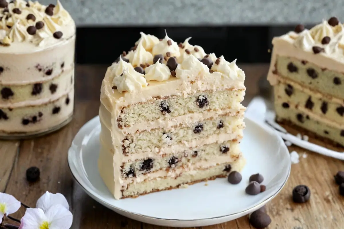 The Ultimate Cannoli Cake with Chocolate Chips (Better Than The Bakery) Cannoli Cake with Chocolate Chips A slice of creamy cannoli cake with chocolate chips, layered with ricotta–mascarpone filling and topped with swirls of whipped frosting on a rustic wooden table.