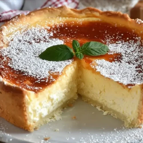 Sweet And Creamy Italian Ricotta Pie: A Slice of Easter Magic Ricotta Pie A rustic Italian ricotta pie with a golden top, a dusting of powdered sugar, and a fresh mint garnish, shown with one slice removed to reveal its creamy ricotta filling.