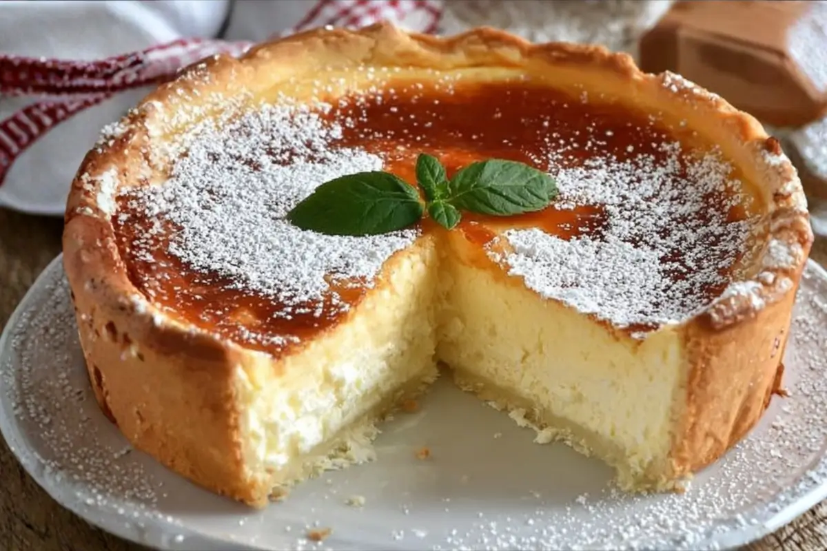 Sweet And Creamy Italian Ricotta Pie: A Slice of Easter Magic Ricotta Pie A rustic Italian ricotta pie with a golden top, a dusting of powdered sugar, and a fresh mint garnish, shown with one slice removed to reveal its creamy ricotta filling.