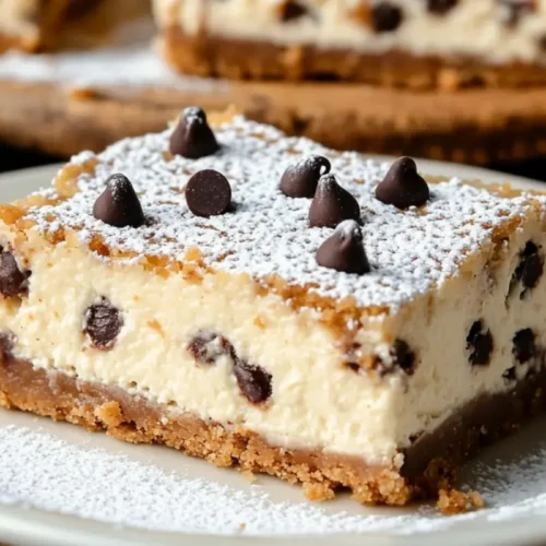 Cannoli Cheesecake Bars (And My Secret for a Never-Soggy Crust) Cannoli Cheesecake Bars A slice of creamy cannoli cheesecake bars with mini chocolate chips and a golden graham cracker crust, dusted with powdered sugar.