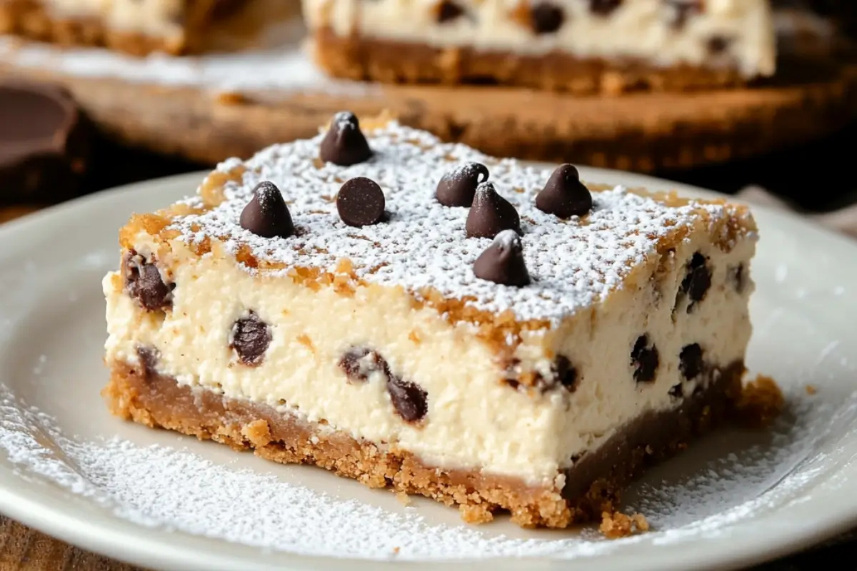 Cannoli Cheesecake Bars (And My Secret for a Never-Soggy Crust) Cannoli Cheesecake Bars A slice of creamy cannoli cheesecake bars with mini chocolate chips and a golden graham cracker crust, dusted with powdered sugar.