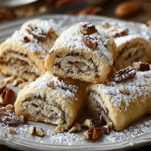 Cozy Italian Nut Roll Cookies Recipe (Our Secret Family Heirloom) Italian Nut Roll Cookies A tray of cozy Italian nut roll cookies recipe slices with a rich walnut filling, lightly dusted with powdered sugar and arranged on a rustic wooden table in warm natural light.