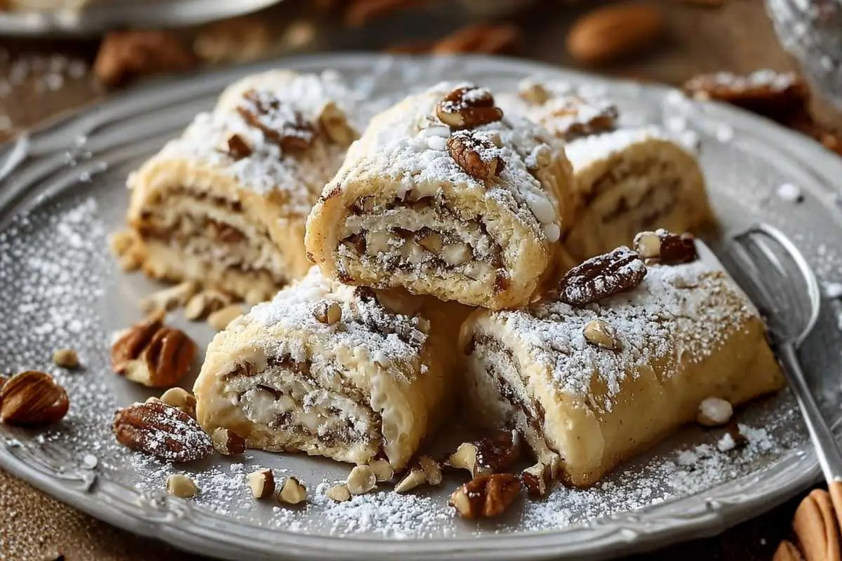 Cozy Italian Nut Roll Cookies Recipe (Our Secret Family Heirloom) Italian Nut Roll Cookies A tray of cozy Italian nut roll cookies recipe slices with a rich walnut filling, lightly dusted with powdered sugar and arranged on a rustic wooden table in warm natural light.