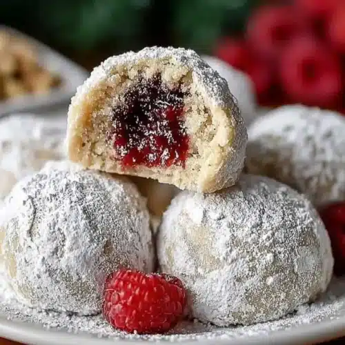 Almond Snowball Cookies: Irresistible & Easy Almond Snowball Cookies A plate of raspberry filled almond snowball cookies dusted generously with powdered sugar, revealing a bright raspberry center in a cozy rustic kitchen setting.