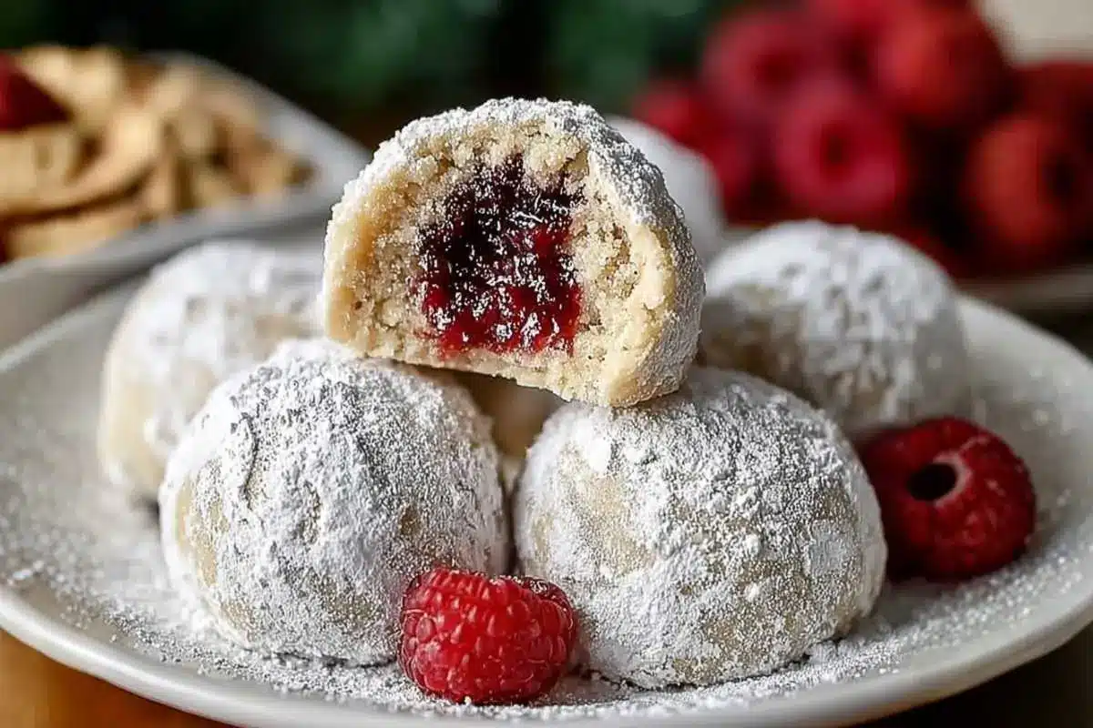 Almond Snowball Cookies: Irresistible & Easy Almond Snowball Cookies A plate of raspberry filled almond snowball cookies dusted generously with powdered sugar, revealing a bright raspberry center in a cozy rustic kitchen setting.