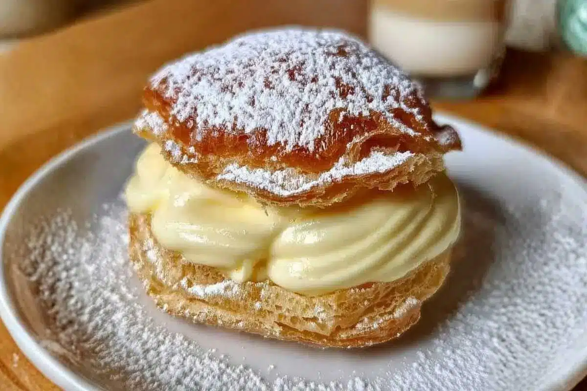 Italian Cream Puffs with Custard Filling: Rena’s "No-Fail" Secret to Puffs That Never Fall Flat Italian Cream Puffs with Custard Filling A close-up of a golden Italian cream puff filled with smooth, creamy custard and dusted with powdered sugar on a white plate, highlighting its flaky layers and indulgent filling.