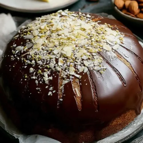 Authentic Parrozzo Recipe (A Foolproof Italian Holiday Dome Cake) Parrozzo A traditional authentic parrozzo recipe shown as a dome-shaped Italian holiday cake coated in glossy chocolate glaze and topped with sliced almonds and crushed pistachios on a rustic plate.