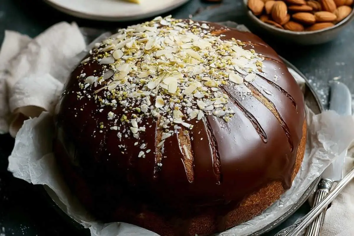 Authentic Parrozzo Recipe (A Foolproof Italian Holiday Dome Cake) Parrozzo A traditional authentic parrozzo recipe shown as a dome-shaped Italian holiday cake coated in glossy chocolate glaze and topped with sliced almonds and crushed pistachios on a rustic plate.