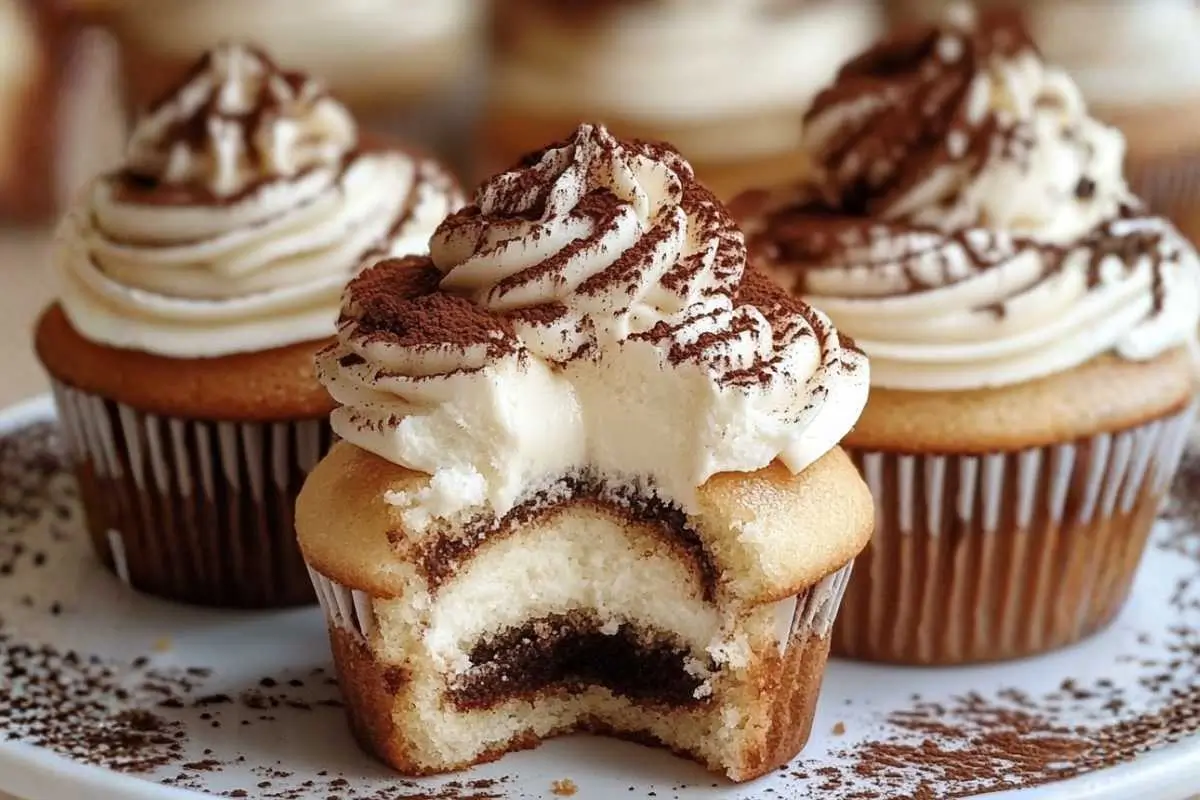Foolproof Tiramisu Cupcakes (A Heartwarming Italian Showstopper) Tiramisu Cupcakes A batch of homemade tiramisu cupcakes topped with swirls of mascarpone frosting and a light dusting of cocoa powder, arranged on a rustic wooden table in warm natural light.