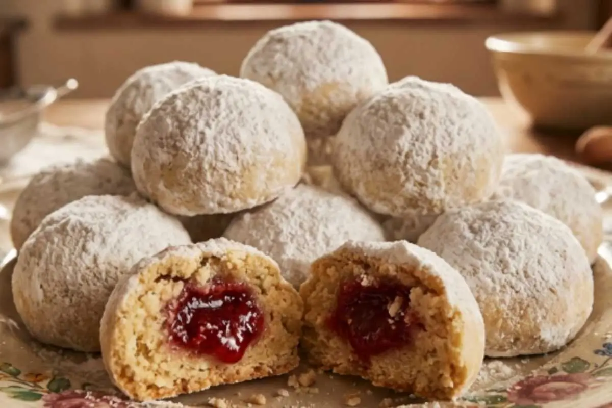 Almond Snowball Cookies A stack of powdered sugar-dusted almond snowball cookies resting on a vintage floral plate, with one cookie perfectly split in half to reveal a bright, sweet red jam filling.