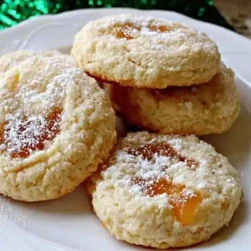 Melt-in-Your-Mouth Apricot Cream Cheese Cookies (A Foolproof Holiday Tradition) Apricot Cream Cheese Cookies A close-up of five freshly baked apricot cream cheese cookies dusted with powdered sugar and filled with bright orange jam, resting on a classic white plate.