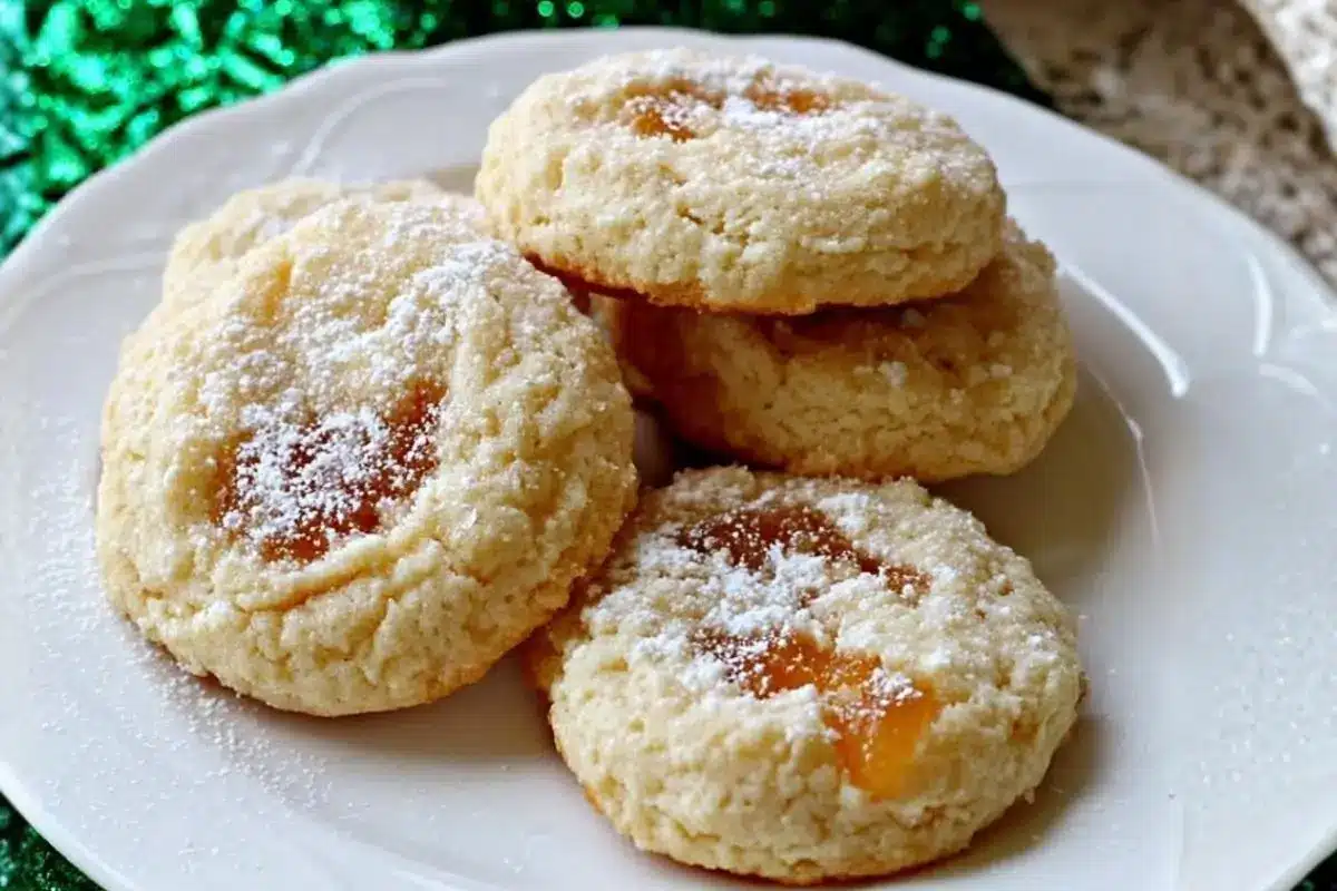 Melt-in-Your-Mouth Apricot Cream Cheese Cookies (A Foolproof Holiday Tradition) Apricot Cream Cheese Cookies A close-up of five freshly baked apricot cream cheese cookies dusted with powdered sugar and filled with bright orange jam, resting on a classic white plate.