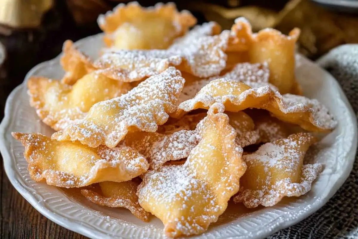 Authentic Italian Crostoli A plate of delicate Italian crostoli cookies dusted generously with powdered sugar, served on a rustic ceramic platter with soft natural light highlighting their crisp, golden layers.