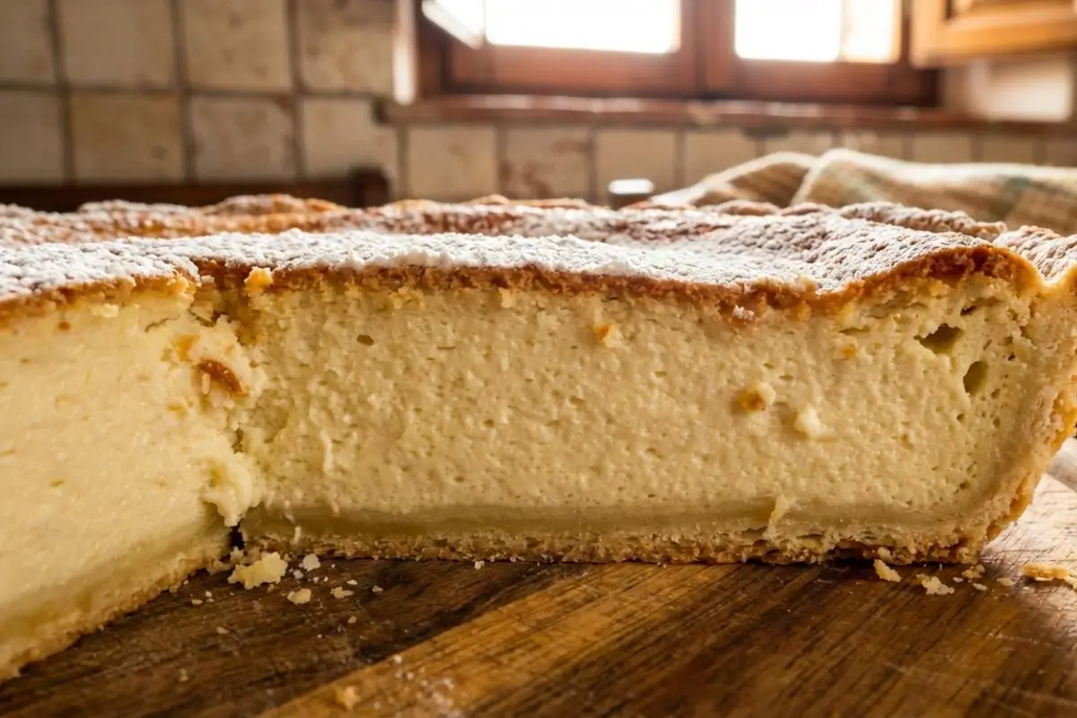 Before You Start The Prep Timeline Make Ahead Guidance A close-up cross-section of a baked make ahead ricotta pie resting on a rustic wooden cutting board, revealing its thick, creamy cheese filling and golden pastry crust lightly dusted with powdered sugar.
