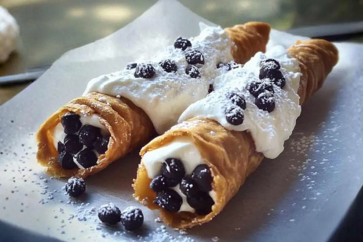 Authentic Cannoli with Ricotta And Chocolate Chips: Nonna's Secret to the Perfect Holiday Crunch Cannoli with Ricotta and Chocolate Chips Two homemade ricotta cannoli on a rustic plate, filled with creamy ricotta and studded with chocolate chips, dusted lightly with powdered sugar.