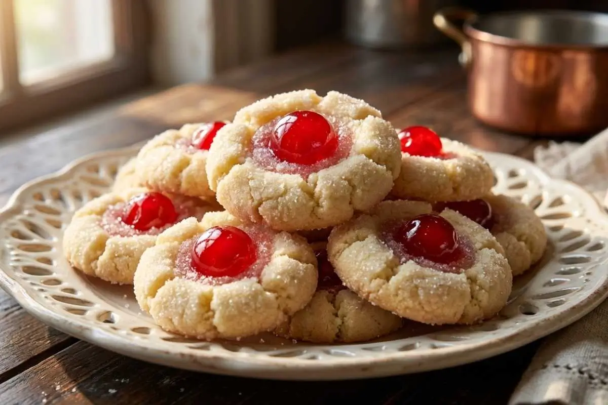 Cherry Almond Amish Sugar A beautifully lit stack of homemade cherry almond amish sugar cookies with bright red cherry centers and sparkling sugar edges, resting on a decorative white ceramic plate near a sunlit window.