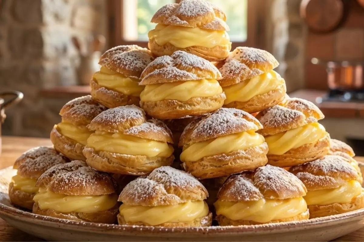 Cream Puffs with Custard Filling A magnificent, towering stack of golden homemade Italian cream puffs overflowing with rich yellow custard and lightly dusted with powdered sugar, resting on a rustic ceramic platter in a warm, sunlit kitchen.