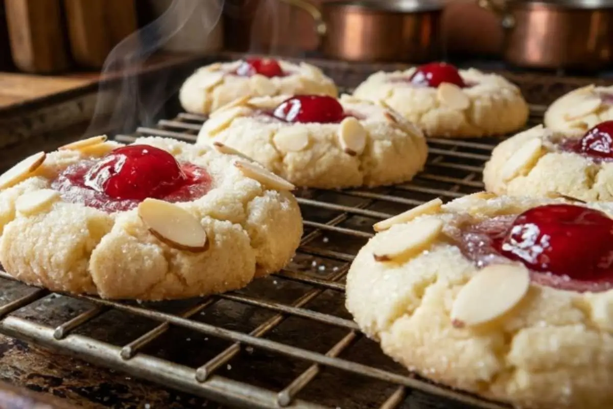 Grandma's Kitchen Wisdom A close-up view of freshly baked, steaming hot grandmas cherry almond amish sugar cookies cooling on a vintage wire rack, featuring sparkling sugar edges, sliced almonds, and a bright red cherry center.