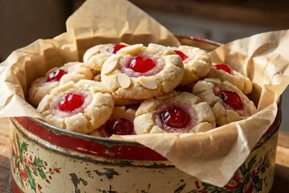 High-Yield Gifting & Storage A vintage, floral-patterned metal cookie tin lined with rustic brown parchment paper, overflowing with freshly baked, sparkling cherry almond amish sugar cookies.