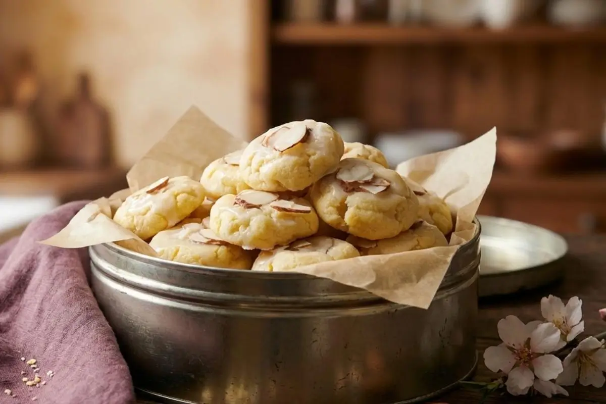 Holiday Entertaining & The Ricciarelli Twist A vintage metal cookie tin lined with parchment paper and overflowing with freshly glazed almond meltaway cookies, resting on a rustic wooden table next to a plum linen napkin and delicate pink almond blossoms.