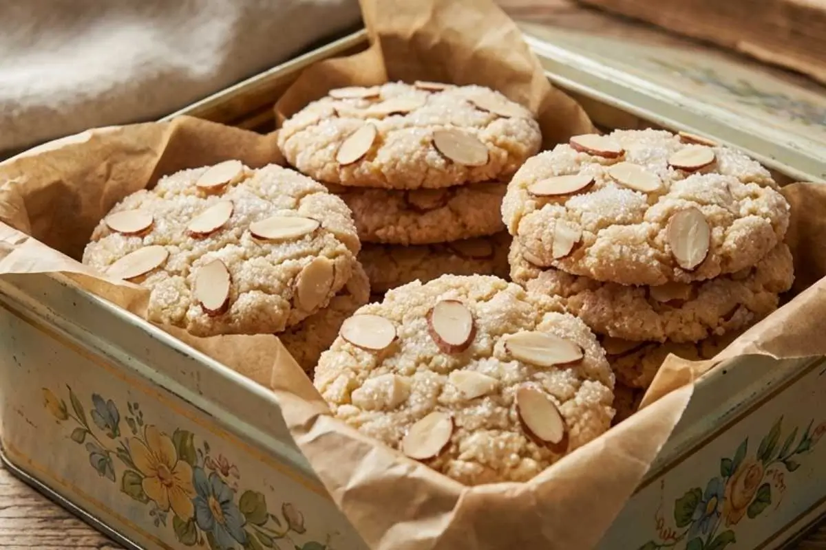 Holiday Plating, Storage & Freezing A beautiful vintage floral tin lined with brown parchment paper and filled to the brim with freshly baked treats, demonstrating the perfect method for storing Italian almond sugar cookies.