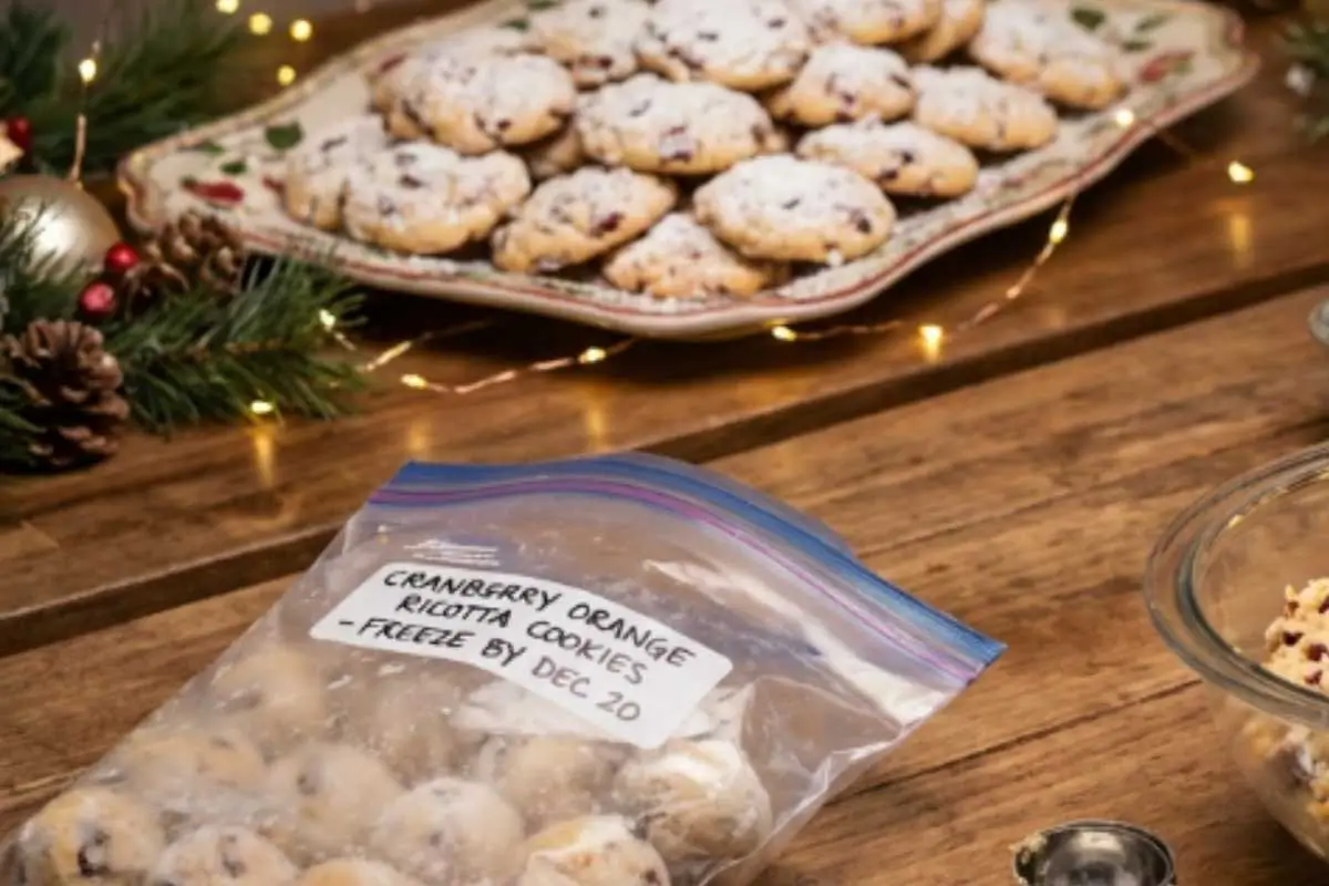 Holiday Platter A rustic wooden table displaying a festive platter of baked cookies in the background and a labeled plastic freezer bag filled with raw dough balls in the foreground, demonstrating the easy process of freezing orange cranberry ricotta cookies.