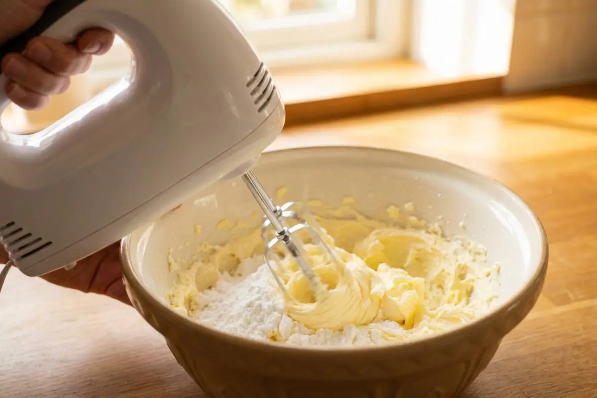 How to Make Almond Meltaway Cookies A close-up of a hand mixer blending softened butter and powdered sugar in a rustic ceramic bowl bathed in warm sunlight, demonstrating the first step in how to make almond meltaway cookies.