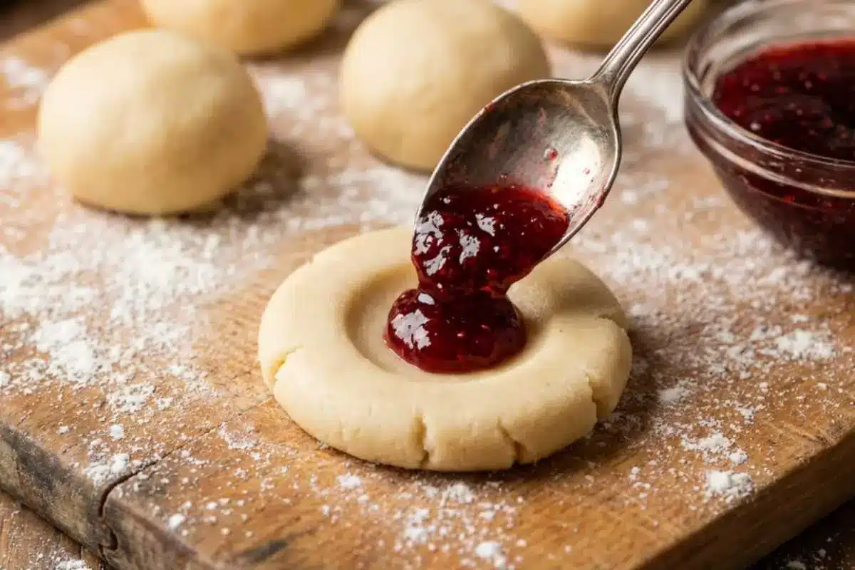 How to Make Almond Snowball Cookies Step by Step A vintage silver spoon dropping a dollop of bright red raspberry jam into a thumbprint indentation of an almond cookie dough disc, sitting on a flour-dusted rustic wooden board with rolled dough balls in the background.