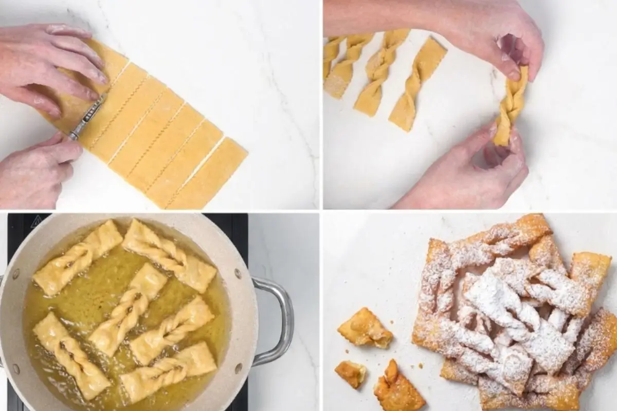 How to Make Authentic Italian Crostoli A four-part visual guide showing how to make authentic Italian crostoli, featuring hands cutting flat dough with a fluted wheel, looping a strip into a classic twist, frying the twists in a pan of hot oil, and a final pile of golden pastries dusted with powdered sugar.