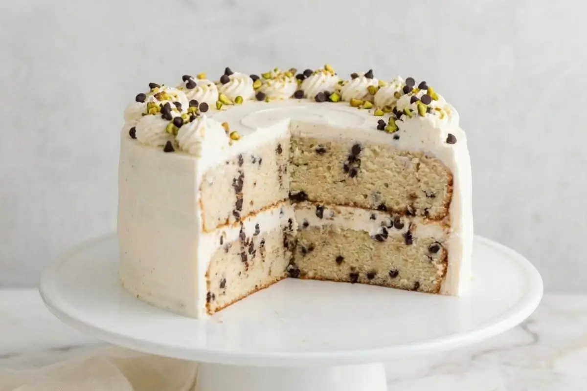 How to Make Cannoli Cake Step by Step A beautiful two-layer cake on a classic white cake stand, with a slice removed to show the interior layers when learning how to make cannoli cake, featuring a soft vanilla crumb dotted with chocolate chips and thick ricotta frosting.