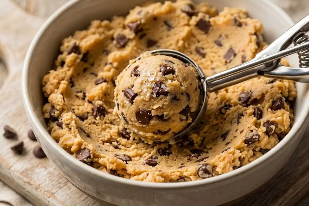 How to Make Cannoli Cookies with Ricotta Cream A close-up of a rustic ceramic bowl filled with sweet dough and mini chocolate chips, showing how to make cannoli cookies by using a metal scoop to portion out a perfect round ball of dough topped with a sprinkle of salt.