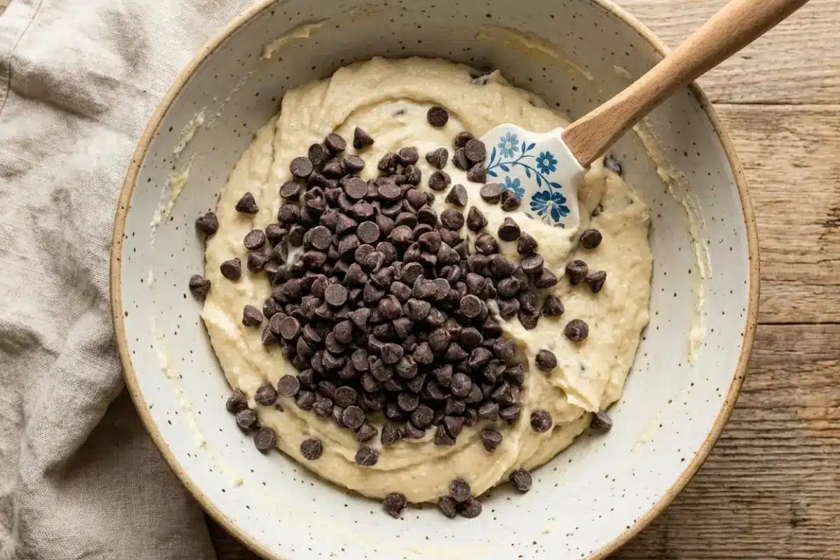 How to Make Cannoli Cream Cake Step by Step An overhead view showing how to make cannoli cream cake, featuring a rustic speckled bowl filled with creamy cake batter and a generous mound of chocolate chips ready to be gently folded in with a blue floral spatula.