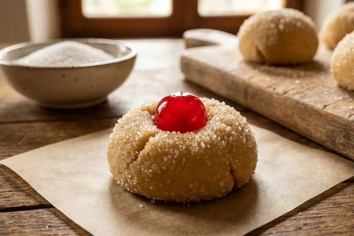 How to Make Cherry Almond Amish Sugar Cookies A close-up view of a sparkling, sugar-coated dough ball with a bright red cherry pressed into the top, resting on parchment paper to demonstrate how to make cherry almond amish sugar cookies on a rustic wooden table.