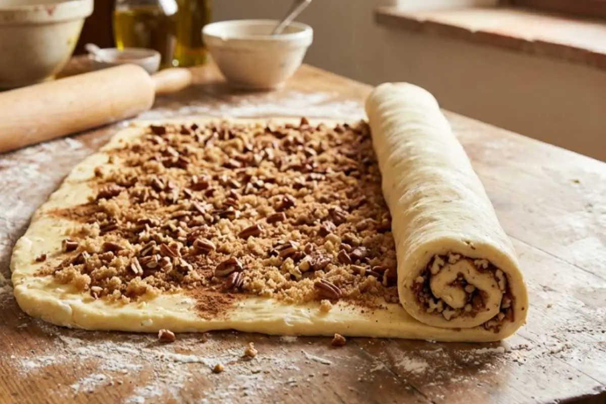 How to Make Cozy Italian Nut Roll Cookies Step by Step A sheet of sweet dough covered in brown sugar, cinnamon, and chopped pecans is being rolled into a log on a flour-dusted wooden table, demonstrating how to make Italian nut roll cookies.