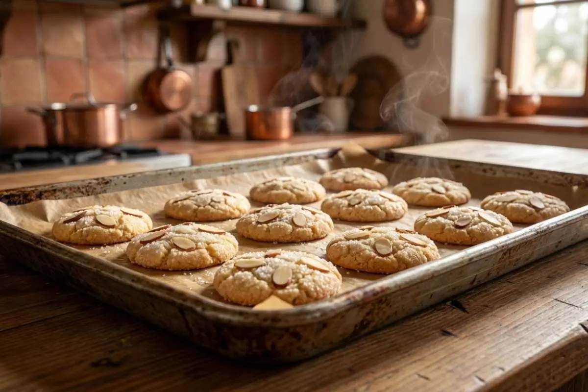 How to Make Italian Almond Sugar Cookies Step by Step A parchment-lined baking sheet filled with warm, steaming cookies topped with sliced almonds and sparkling sugar resting on a rustic wooden table, illustrating the rewarding final step in how to make Italian almond sugar cookies.