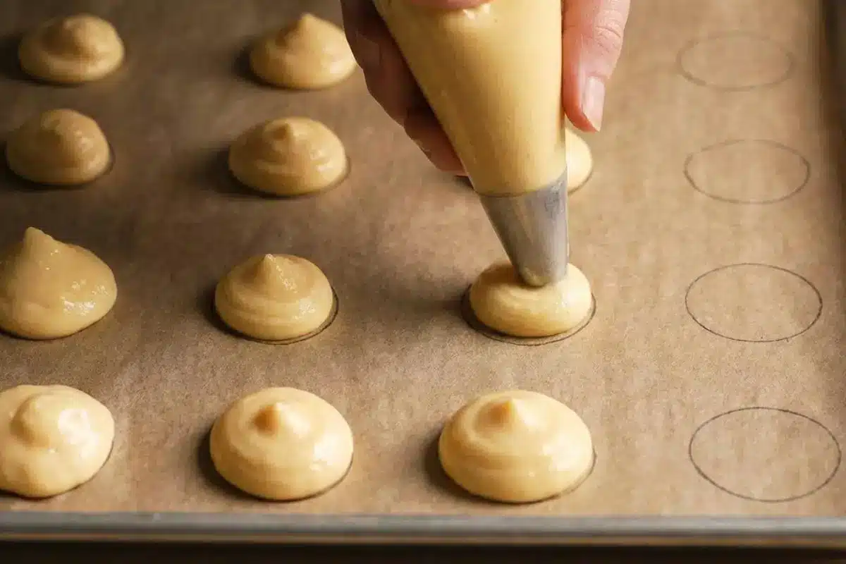 How to Make Italian Cream Puffs with Custard Filling Step-by-Step A baker's hand using a piping bag with a metal tip to pipe small, smooth mounds of dough onto a parchment-lined baking sheet with traced circles, demonstrating how to make Italian cream puffs at home.