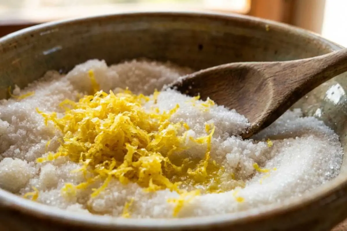How to Make Italian Lemon Drop Cookies Step by Step A close-up shot showing how to make Italian lemon drop cookies, featuring bright yellow fresh lemon zest resting on top of white granulated sugar in a rustic, handcrafted ceramic bowl with a wooden spoon.