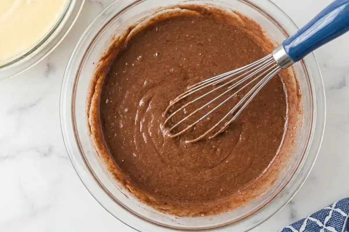 How to Make Italian Love Cake Step by Step An overhead view demonstrating how to make Italian Love Cake, showing a glass mixing bowl filled with rich chocolate cake batter being gently stirred with a wire whisk on a marble countertop.