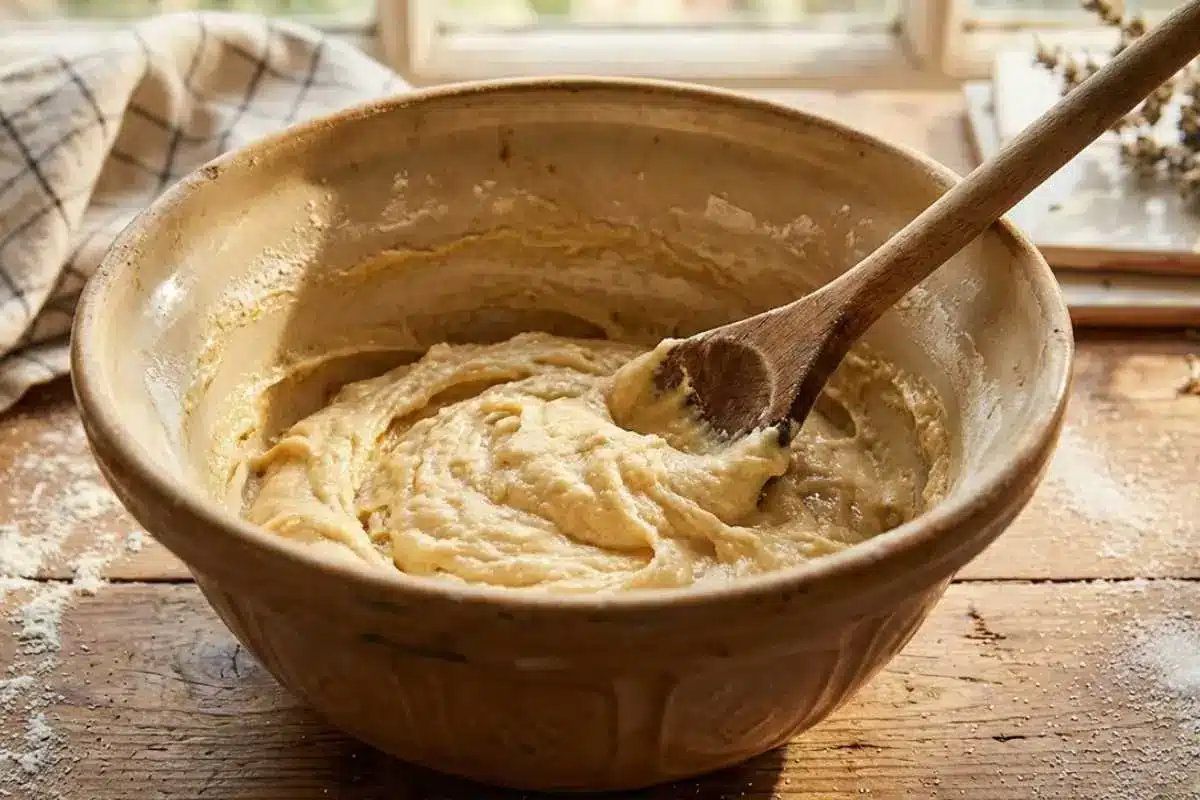 How to Make Italian Ricotta Cookies A wooden spoon rests in a large, rustic ceramic bowl filled with thick, creamy easy homemade cookie dough on a weathered wooden table in a sunlit kitchen.