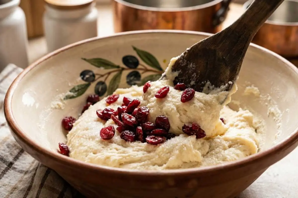 How to Make Orange Cranberry Ricotta Cookies Step by Step A vintage wooden spoon folding bright red dried cranberries into soft, creamy dough inside a rustic, olive-patterned ceramic bowl, demonstrating exactly how to make orange cranberry ricotta cookies.