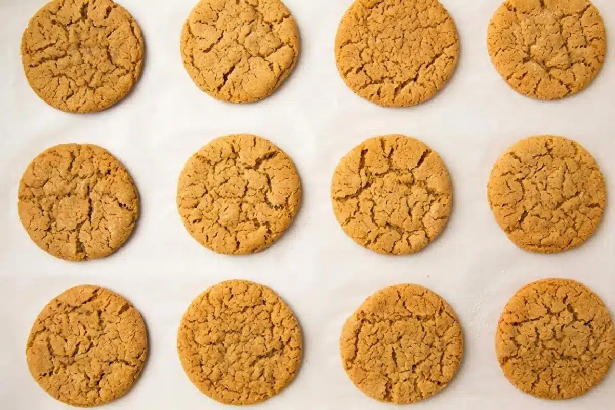 How to Make White Chocolate Dipped Ginger Cookies An overhead view showing a key step in how to make white chocolate dipped ginger cookies, featuring a dozen freshly baked, golden-brown spiced cookies with beautiful, rustic crackly tops resting on white parchment paper.