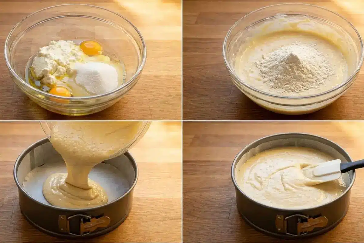 How to Make Your Velvety Limoncello Ricotta Cloud Cake A four-part collage showing step-by-step how to make limoncello ricotta cake, from mixing the wet ingredients and folding in the flour in a glass bowl, to pouring the smooth, golden batter into a lined baking pan.