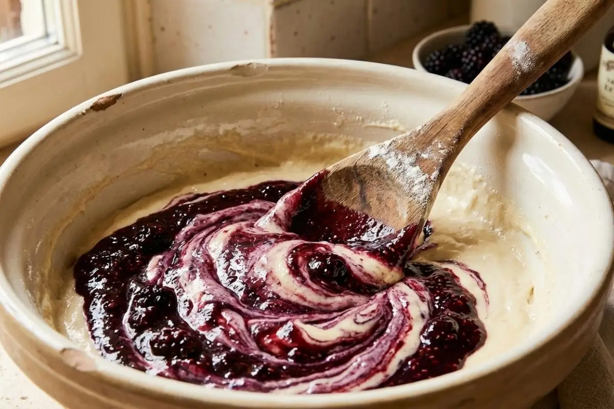 How to Make the Dreamiest Blackberry Velvet Cake A close-up of a weathered, cream-colored mixing bowl where a flour-dusted wooden spoon is gently swirling a thick, deep purple berry puree into a pale blackberry velvet cake batter.