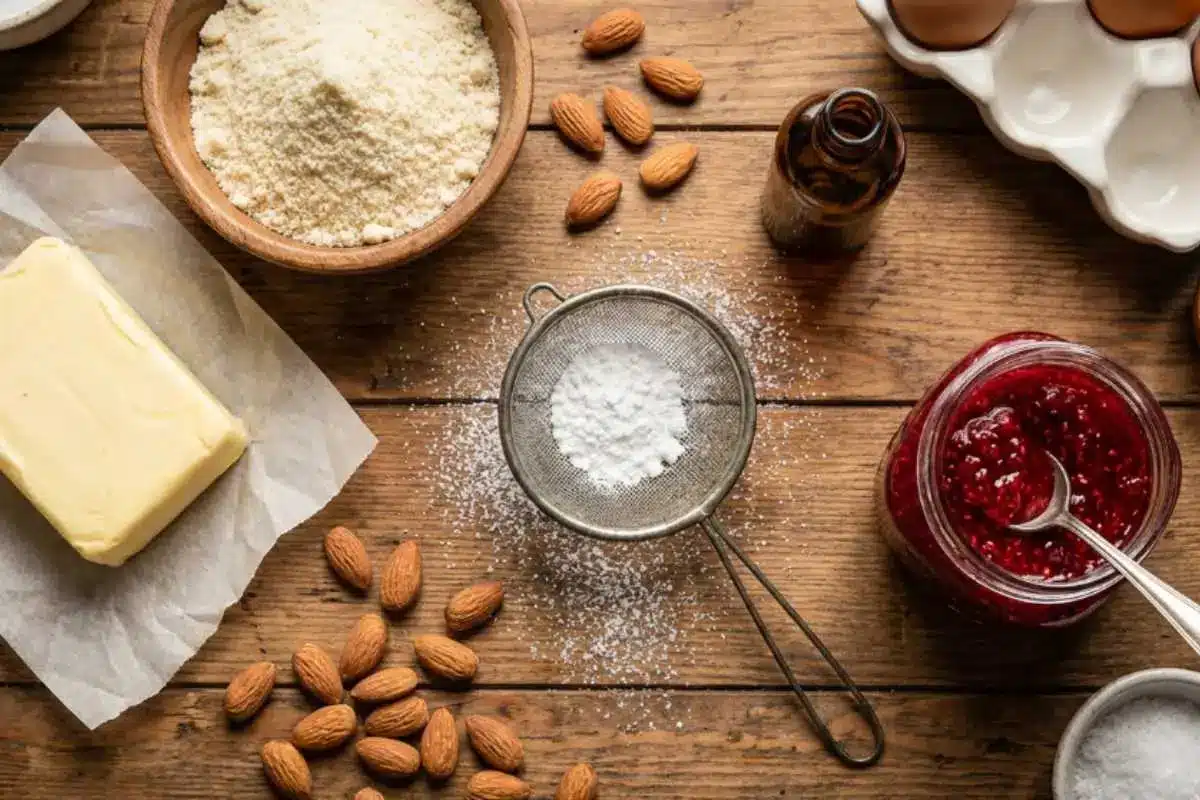Ingredients List for your Almond Snowball Cookies An overhead view of simple almond snowball cookie ingredients laid out on a rustic wooden table, featuring a block of fresh butter, a bowl of almond flour, whole almonds, a jar of bright red jam, and a vintage metal sifter lightly dusting the table with powdered sugar.