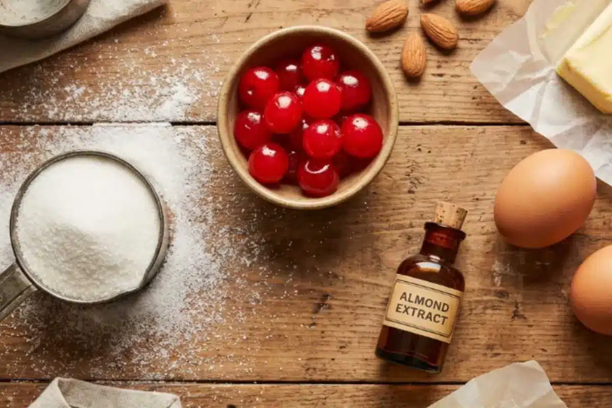 Ingredients List for your Cherry Almond Amish Sugar Cookie An overhead view of simple cherry almond amish sugar cookie ingredients laid out on a rustic wooden table, featuring a small bowl of bright red cherries, whole almonds, a vintage bottle of almond extract, fresh brown eggs, butter, and a metal measuring cup filled with sugar.