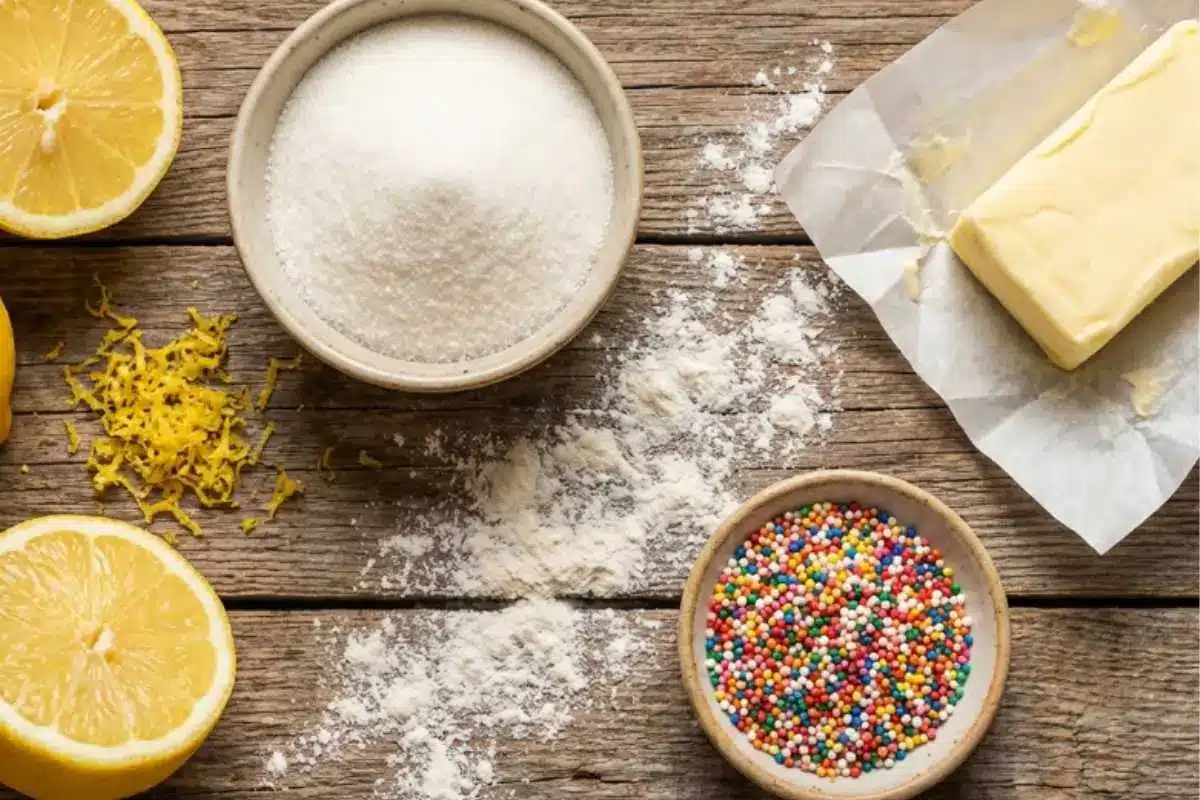 Ingredients List for your Italian Lemon Drop Cookie An overhead view of the simple Italian lemon drop cookie ingredients, featuring fresh lemon halves, a pile of bright zest, a ceramic bowl of sugar, colorful nonpareil sprinkles, and a stick of butter resting on a flour-dusted rustic wooden table.