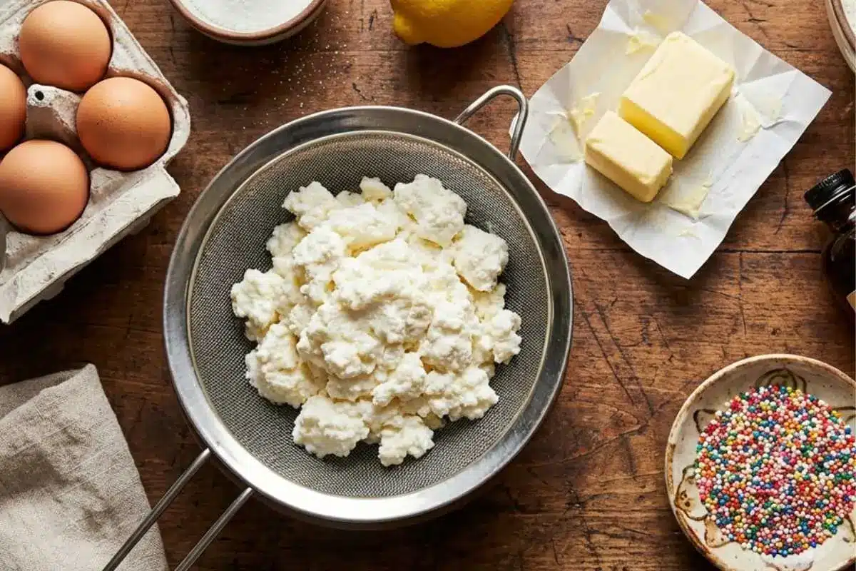 Ingredients List for your Italian ricotta cookies Ingredients for an Italian ricotta cookies recipe neatly arranged on a rustic wooden table, including ricotta cheese, flour, sugar, eggs, butter, vanilla, and baking powder.