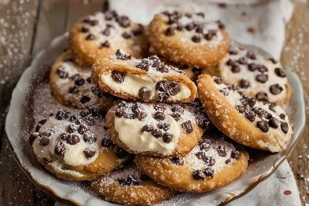 Irresistible Cannoli Cookies with Ricotta Cream: My Secret to a Bakery-Perfect Holiday Tray Cannoli Cookies with Ricotta Cream A plate of irresistible cannoli cookies with ricotta cream filling, lightly dusted with powdered sugar and served on a rustic wooden table in warm natural light.